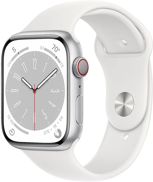 Apple New Apple Watch Series 8 (GPS + Cellular 45mm) Smart watch - Silver Stainless Steel Case with White Sport Band - Regular. Fitness Tracker, Blood Oxygen & ECG Apps, Water Resistant (Renewed)