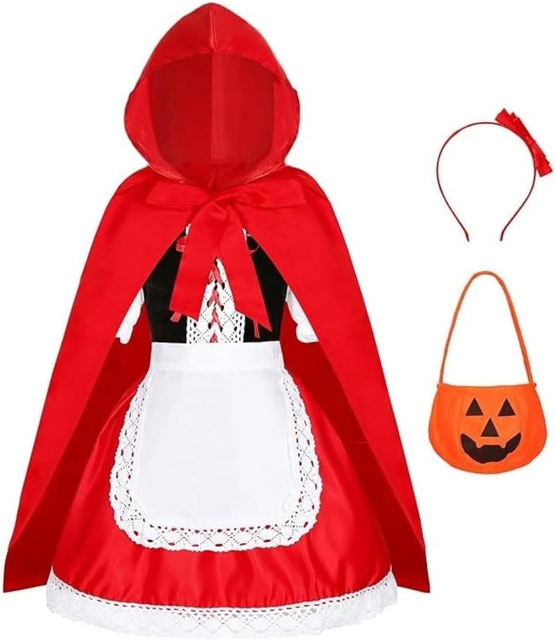 Little Red Riding Hood Costume Set for Girls Kids Halloween Fairytale Storybook Character Cosplay Dress with Hooded Cloak Headband Pumpkin Bag for 3-8 Years - Red