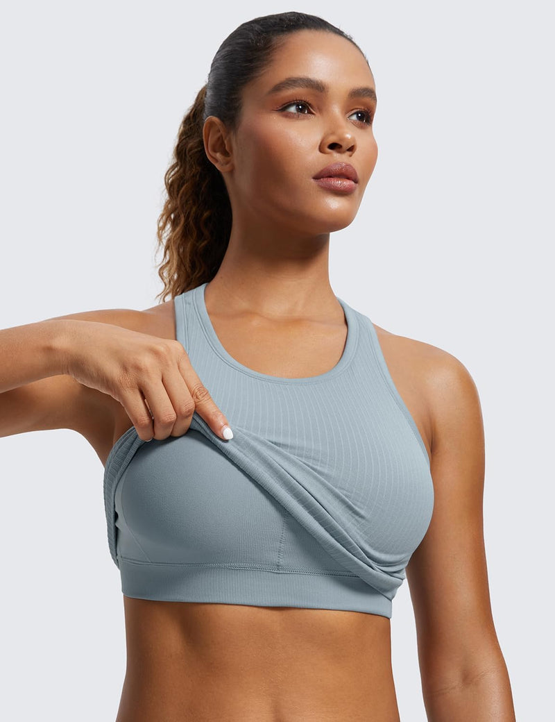 CRZ YOGA Womens Seamless Ribbed Longline High Neck Sports Bra - Racerback Padded Slim Fit Crop Tank Top with Built in Bra