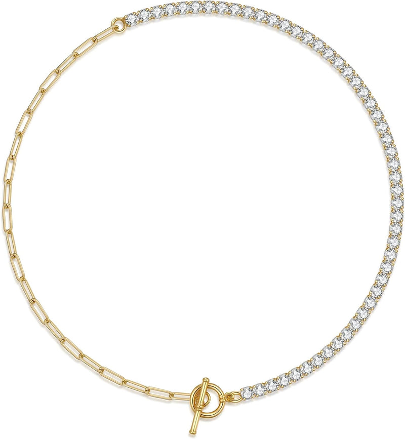 14K Gold Plated Dainty Choker Necklace for Women Girls Snake Chain, Cuban Link, Paperclip, Ball Beaded Chain, Natural Freshwater Pearl Necklace Fashion Jewelry for Gift - Cz+paperclip Chain