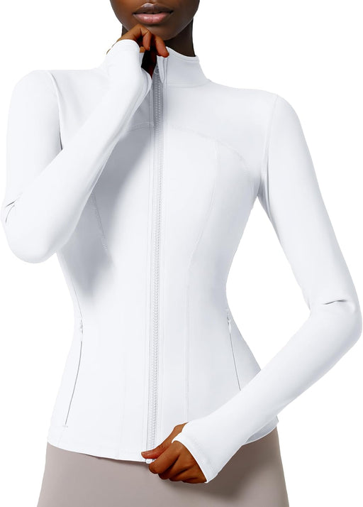 Women's Slim Fit Full Zip Athletic Running Sports Workout Jacket with Pockets - Style 02 White