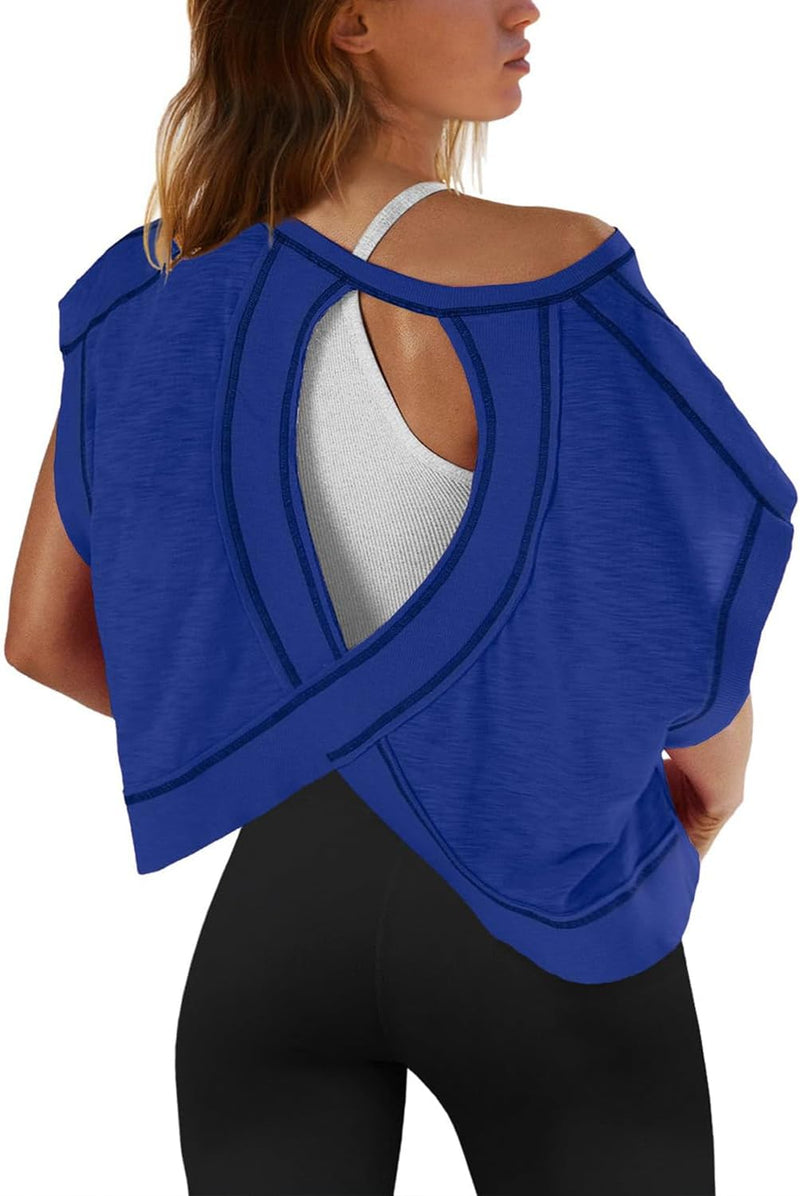 Sthxyfaith Women Short Sleeve Workout Shirts Open Back Tops Casual Yoga Athletic Gym Slouchy Crop Running Tees