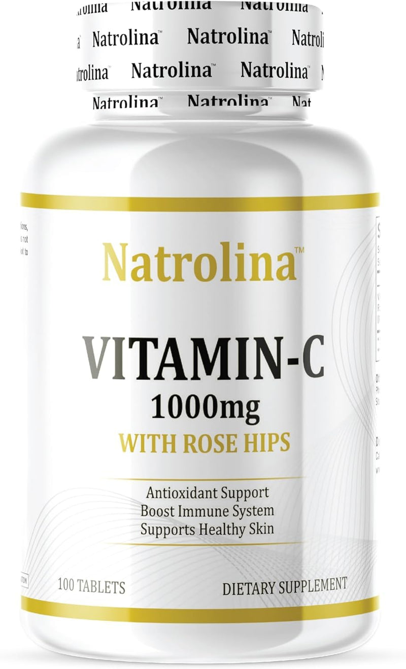 Natrolina Vitamin C 1000 mg with Rose Hips 100 Tablets Vegan | Antioxidant Protection, Boost Immune System & Supports Healthy Skin | 100 Days Supply Ascorbic Acid Vitamin C Supplement for Men Women
