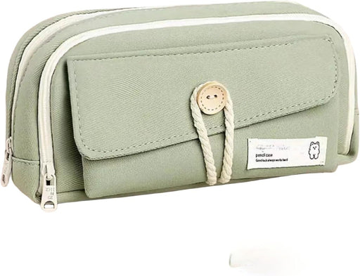 Simple Style Cotton Rope Pencil Holder - Large Capacity Multi-layered Pencil Case Organizer, Aesthetic Minimalist Fabric Pen Pouch with Zipper, Durable Eco-Friendly Pen Pouch Bag (White) - Green