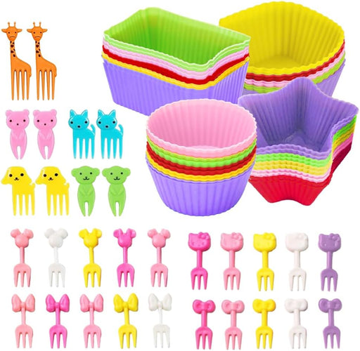 70 Piece Silicone Lunch Box Dividers with Animal-Shaped Forks Reusable Kids' Lunch Box Accessories Perfect for School,Travel, and Picnics