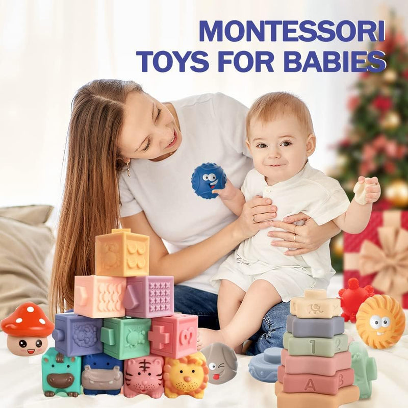 Soft Baby Blocks 6 to 12 Months and Up,Sensory baby stacking toys Babies Bath Toy,Infant Stacking Building Blocks Rings Balls for Boys Girls Teething Toy Play,Animals Fruit Textures Squeeze Block Set