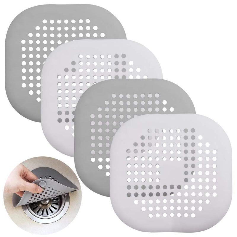 SENHAI 4 Pcs Silicone Drain Protector with Sucker, SENHAI Sink Strainer Shower Hair Catcher Bathtub Drain Cover for Kitchen Bathroom - White,Grey