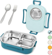 Stainless Steel Bento Lunch Box for Kids Adults, Stackable Food Containers with 3 Compartments Reusable Sauce Bowl, Fork and Spoon 9.1 x 6.5 x 3.2 inch (1000ml/34oz Light Blue)