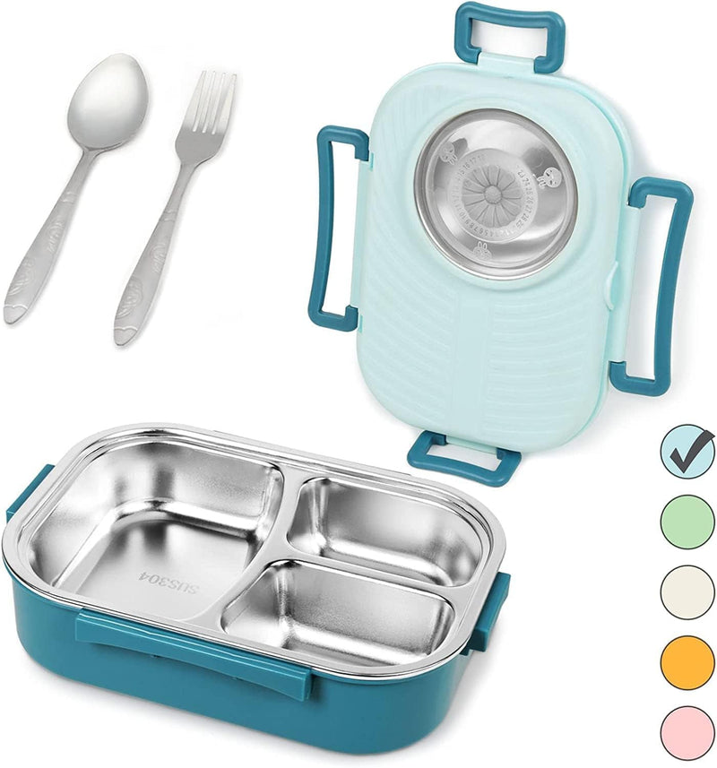Stainless Steel Bento Lunch Box for Kids Adults, Stackable Food Containers with 3 Compartments Reusable Sauce Bowl, Fork and Spoon 9.1 x 6.5 x 3.2 inch (1000ml/34oz Light Blue)