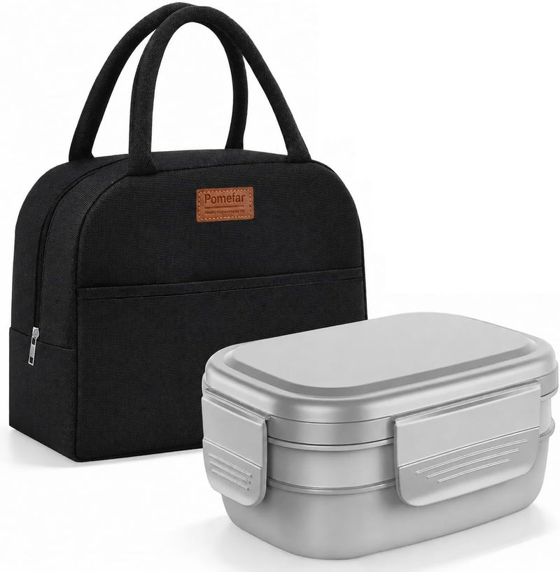 3-Layer Bento Lunch Box with Lunch Bag, Stackable Food Container with Built-in Cutlery Set for Kids, Adults, School, Office and Picnic(Grey)