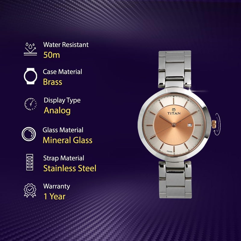 Neo Rosegold Dial, Silver Metal Strap Analog Round Watch for Women's