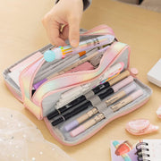 Large Capacity Pencil Case 3 Compartment Pencil Pouch Pen Bag for Teen Girls Boy Men Women (Rainbow)