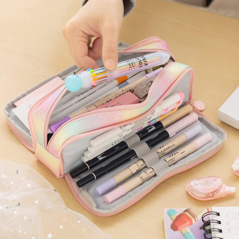 Large Capacity Pencil Case 3 Compartment Pencil Pouch Pen Bag for Teen Girls Boy Men Women (Rainbow)