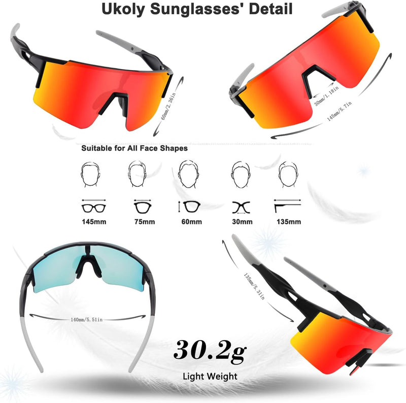 Ukoly Cycling Sunglasses for Men Women with 3 Interchangeable Lenses, Polarized Sports Sunglasses, Baseball Sunglasses