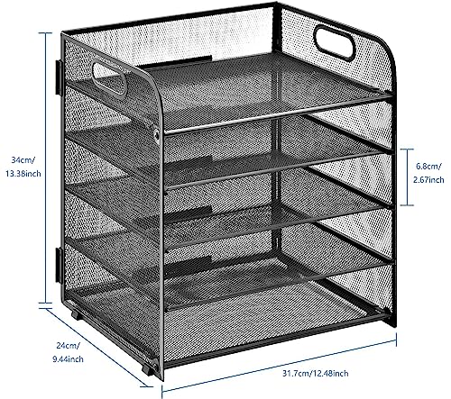 WAN Letter Tray Paper Organizer 5-Tier Desktop File Organizer,Desktop Organizer with Handle Black Metal Desktop Document Shelf for Office,Home or School