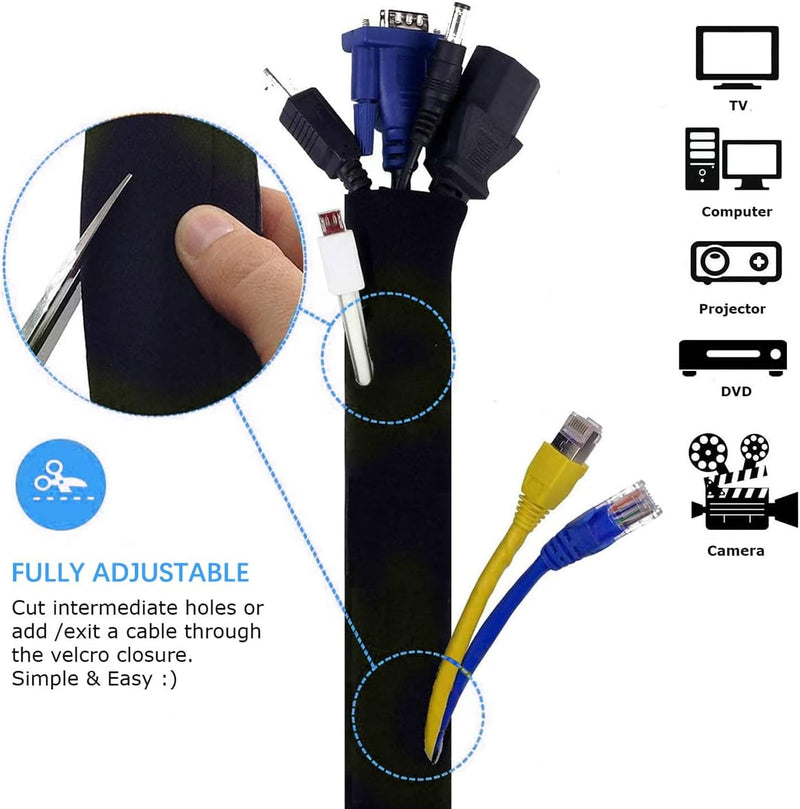 IBAMA 2 Pcs Cable Management Cable Sleeve 50.8cm/20-inch Each Flexible Cable Cord Organizer Wrap Cover with Zipper for TV/Computer/Home Entertainment(Black)
