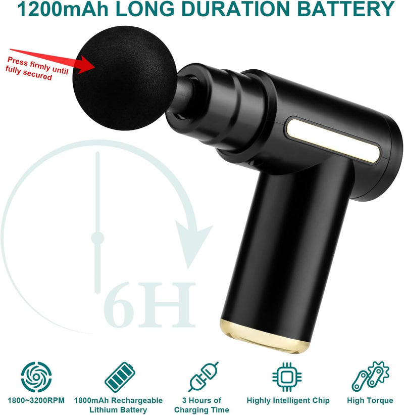 Mini Massage Gun Deep Tissue Portable 6 Speeds Handheld Muscle Massager with 4 Massage Heads 1800mAh Battery & Type-C Charging, Super Quiet Massage Gun for Muscle Pain Relief Recovery