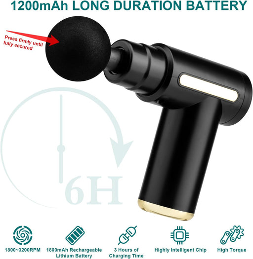 Mini Massage Gun Deep Tissue Portable 6 Speeds Handheld Muscle Massager with 4 Massage Heads 1800mAh Battery & Type-C Charging, Super Quiet Massage Gun for Muscle Pain Relief Recovery