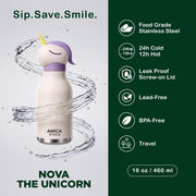 Kids Water Bottle 460ml Insulated Stainless Steel - AMICA STUDIO (Nova Unicorn)