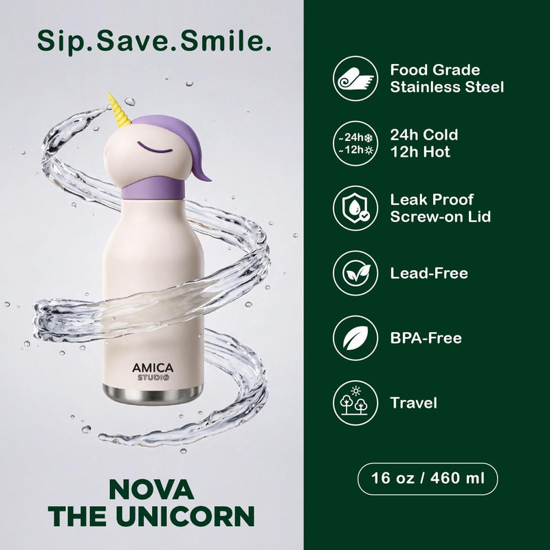 Kids Water Bottle 460ml Insulated Stainless Steel - AMICA STUDIO (Nova Unicorn)