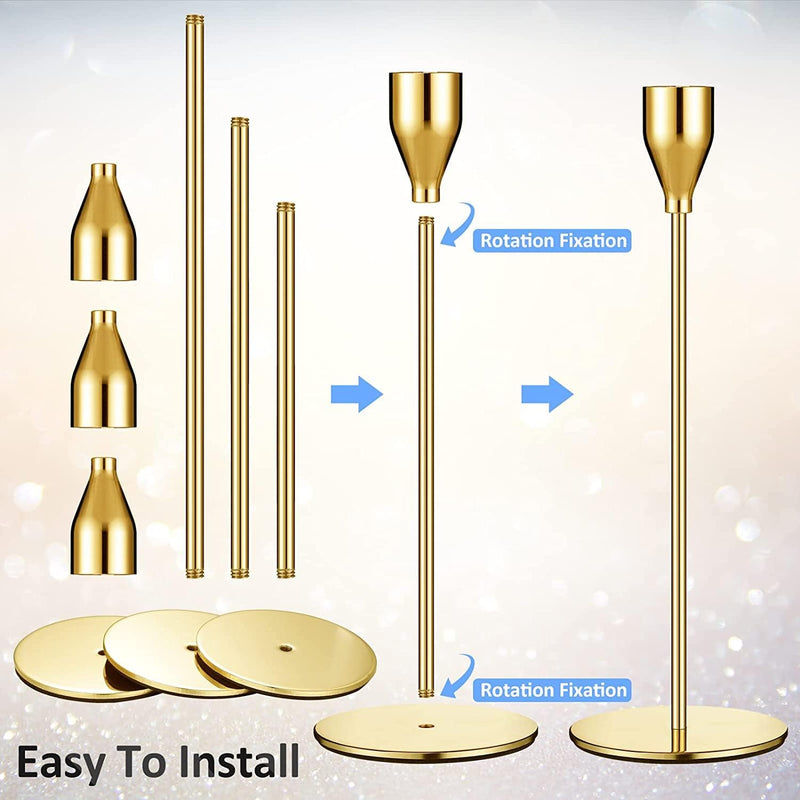 REVHQ Gold Candle Holders,Set of 3 fit for 3/4" Tall Taper Yellow Gold Candlestick&Led Modern Metal Candles, Elegant Stands Decorative Table Centerpieces for Dinning Party Church,Decorative Fitting