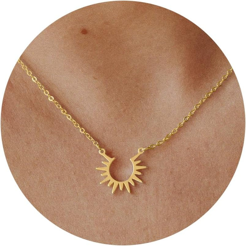 GUOKE 14K Gold Plated Necklace for Women - Dainty Flower, Leaf, Bead, Tree, Bee, Sun, Bar, Infinity, Star, Arrow, Teardrop, Butterfly Pendant Necklaces, Simple Jewelry - Sunshine