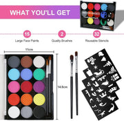 Mumoo Bear Face Paint Kit, 15 Color Face Painting Palette with 2 Brushes 32 Stencils, Washable Face Paints Safe Body Paint for Adults Kids Halloween Party Carnival, Makeup Paint Non-Toxic to Use