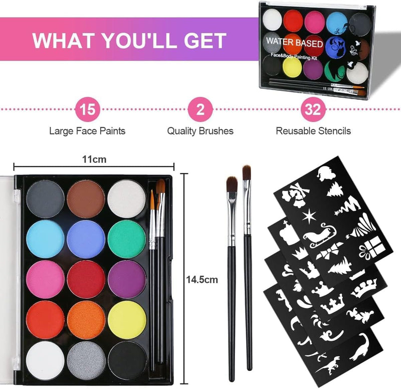 Mumoo Bear Face Paint Kit, 15 Color Face Painting Palette with 2 Brushes 32 Stencils, Washable Face Paints Safe Body Paint for Adults Kids Halloween Party Carnival, Makeup Paint Non-Toxic to Use