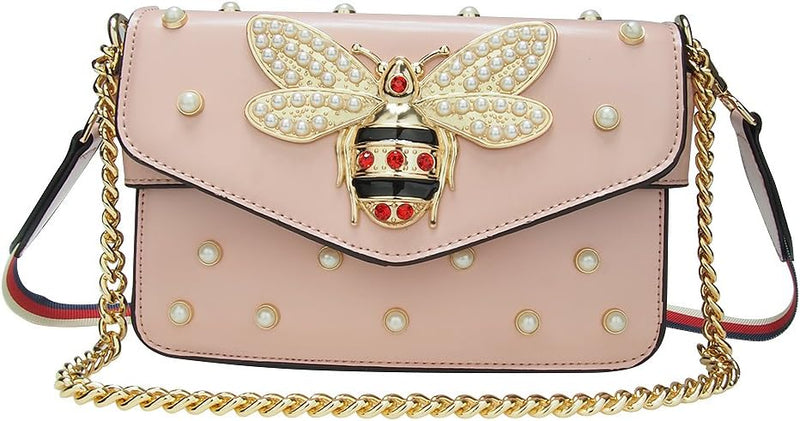 Designer Bee Purse Fashion Crossbody Bags with Pearl for Women Pu Leather Shoulder Clutch Handbags - Rose
