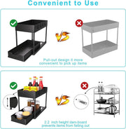 ItsyWorld Under Sink Organizer, 2 Tier Bathroom Cabinet Organizer with Sliding Basket, Multi-Purpose Under Sink Organizers and Storage for Bathroom Kitchen (4 Hooks) (Black)