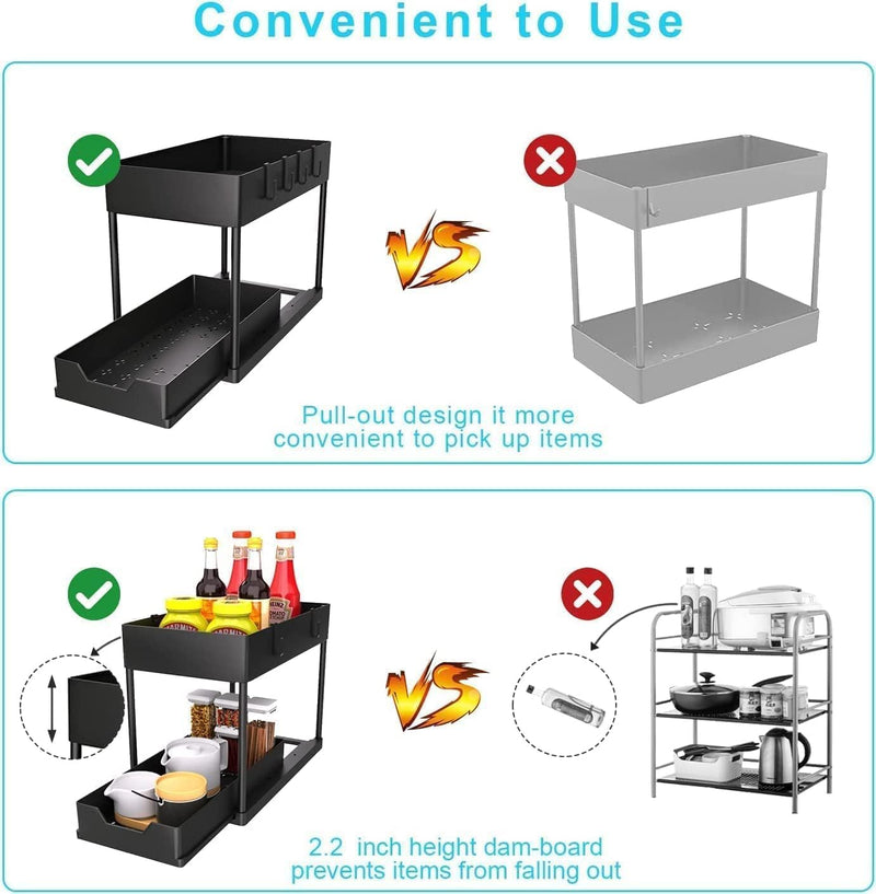 ItsyWorld Under Sink Organizer, 2 Tier Bathroom Cabinet Organizer with Sliding Basket, Multi-Purpose Under Sink Organizers and Storage for Bathroom Kitchen (4 Hooks) (Black)