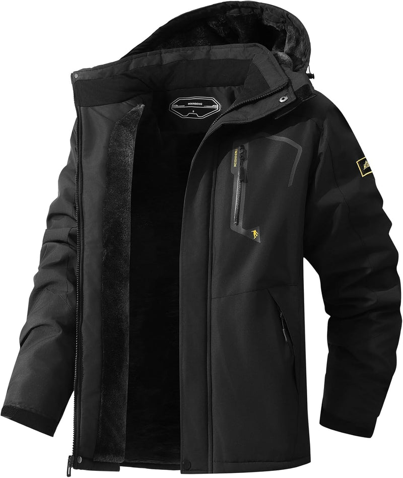 Men's mountaineering waterproof ski jacket winter warm snow jacket windproof hooded rain jacket - Black