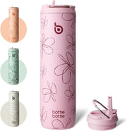 Insulated Water Bottle 24oz with Straw Lid and Handle for Sports Travel Gym Stainless Steel Water Bottles Double-Wall Vacuum Metal Bottles Leak Proof BPA-Free (baby blue) - flower butterfly lily:pink