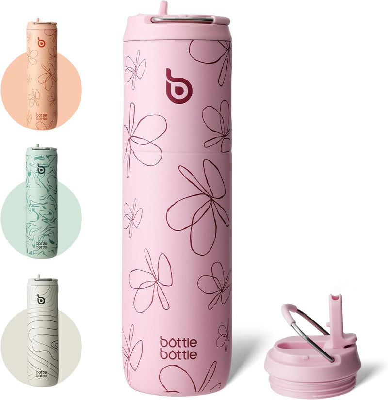 Insulated Water Bottle 24oz with Straw Lid and Handle for Sports Travel Gym Stainless Steel Water Bottles Double-Wall Vacuum Metal Bottles Leak Proof BPA-Free (baby blue) - flower butterfly lily:pink