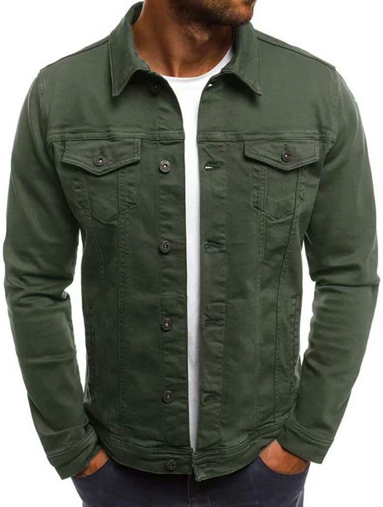 Men's Casual Classic Denim Jacket Slim Fit Fashion Jean Coat - Green