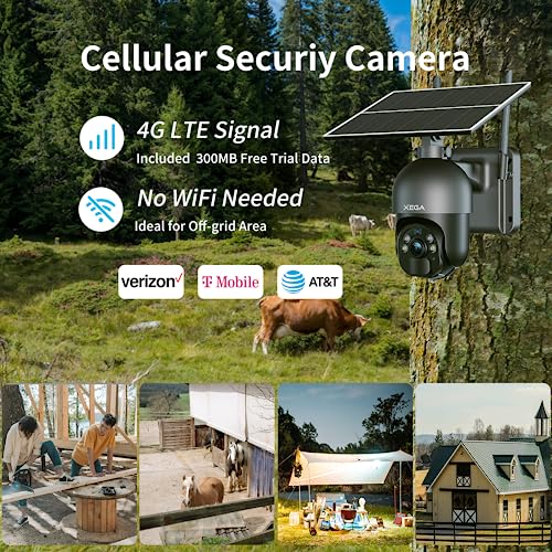 Xega 3G/4G LTE Security Camera No WiFi, 2K Super HD Solar Powered Wireless Outdoor 4G Security Camera, PIR Motion Sensor, Night Vision, 2 Way Talk, SIM Card Included