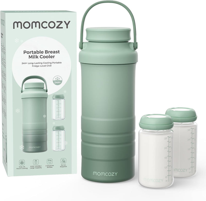 Momcozy 22oz Portable Breast Milk Cooler for Outdoor, Life Saver with 360 Total Cooling for 24 Hours, Larger Capacity Travel Breastmilk Chiller with 2pcs Baby Bottles for Breastmilk Storage, Green