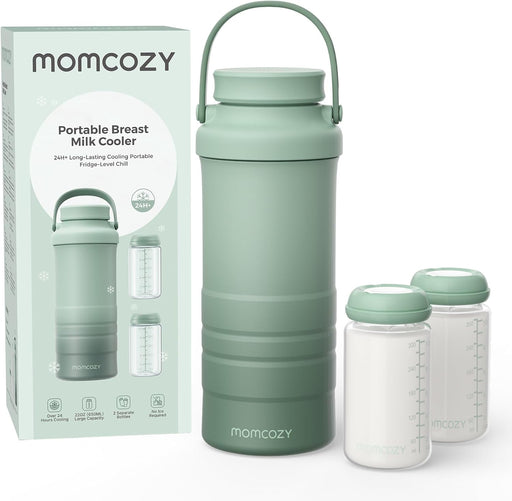 Momcozy 22oz Portable Breast Milk Cooler for Outdoor, Life Saver with 360 Total Cooling for 24 Hours, Larger Capacity Travel Breastmilk Chiller with 2pcs Baby Bottles for Breastmilk Storage, Green