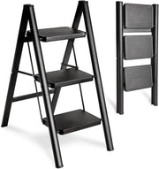 Step Ladder Folding Step Stool, Heavy Duty 330 Lbs Load Stepladder, Small Kitchen/Closet Ladder for Adults/Kids, Lightweight Step Ladder with Anti-Slip Wide Pedal for Home, Black (4 Step) - 3 Step