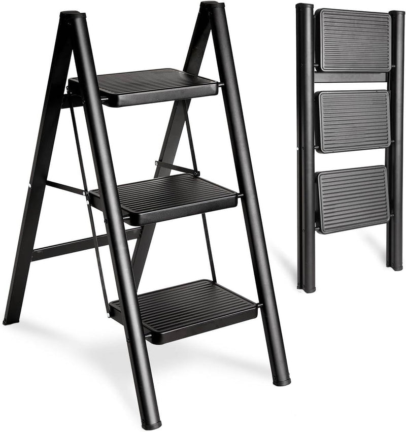 Step Ladder Folding Step Stool, Heavy Duty 330 Lbs Load Stepladder, Small Kitchen/Closet Ladder for Adults/Kids, Lightweight Step Ladder with Anti-Slip Wide Pedal for Home, Black (4 Step) - 3 Step