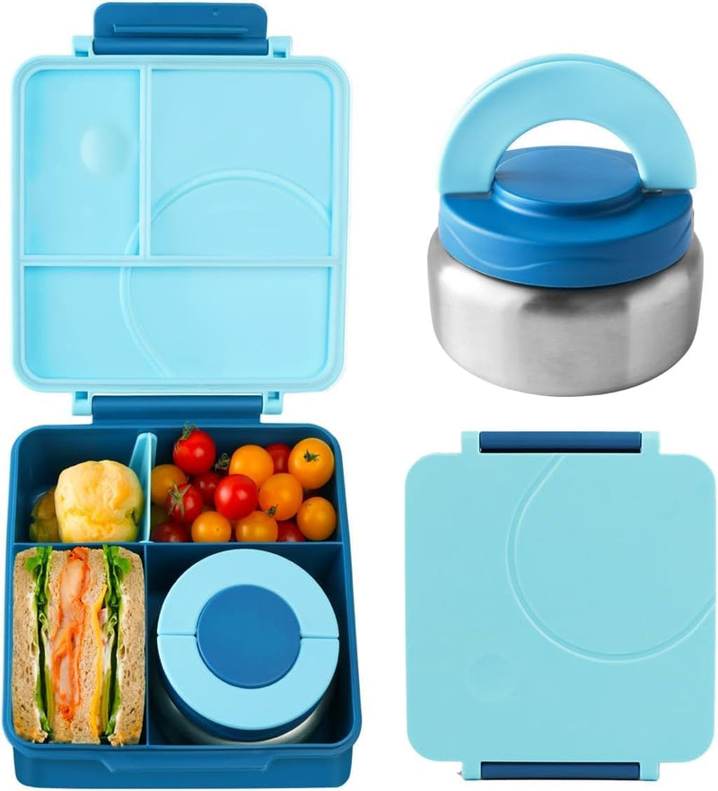 Lunch Bento Box for Kid and Adult,with Insulated Steel Jar Inside,4 Compartment Microwave & Dishwasher & Freezer Safe,BPA Free(Blue)