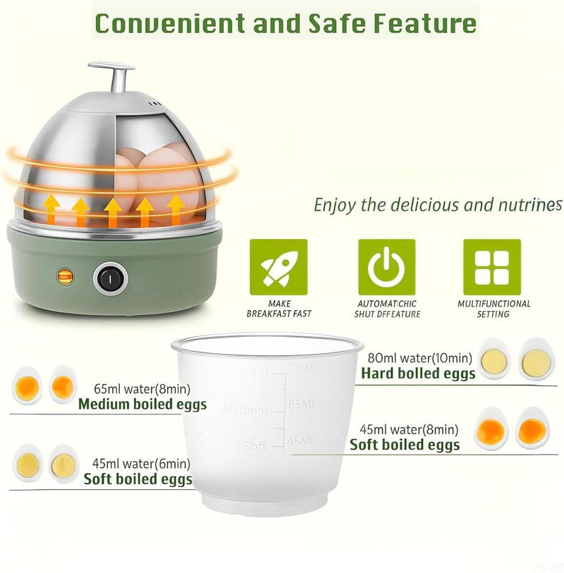 Electric Egg Cooker, Rapid Egg Boiler with Auto Shut-Off, Cooks Hard & Soft Boiled Eggs, Onsen Tamago, Veggies, Dumplings, 7-Egg Stainless Steel Tray for Home Kitchen, Green