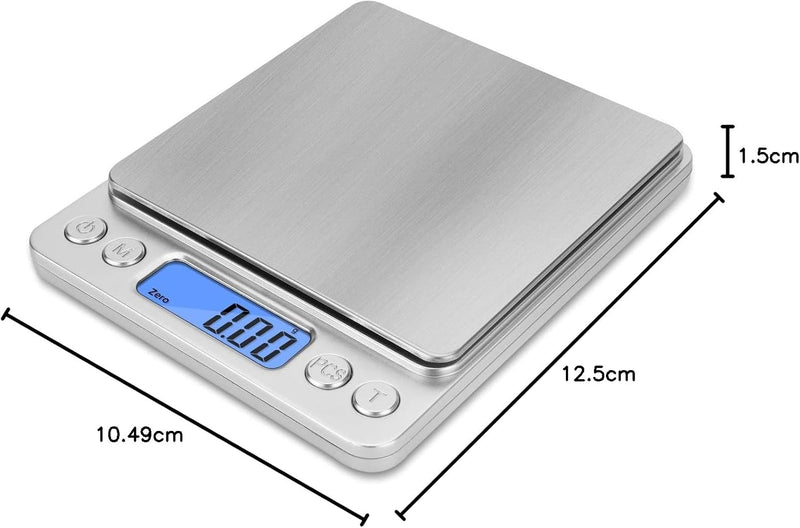 NEXT-SHINE Digital Kitchen Scale 500 x 0.01 Gram, Pocket Size with PCS Tare Switch Weighing Units Function, Stainless Steel Platform