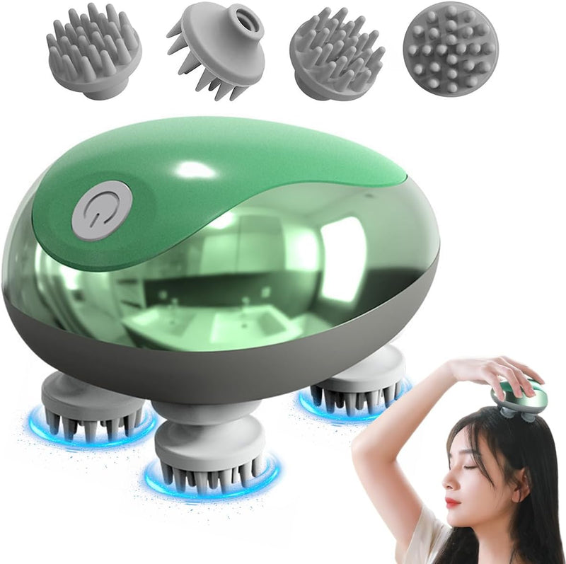 Electric Scalp Massager - Head Massage Scalp for Stress Relax and Pain Relief, Lightweight Hand held, Rechargeable with 96 Kneading Nodes, 4 Claws for Scalp and Body Massage & Face Cleaning - Green