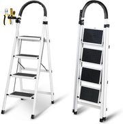 Foldable Ladder 3 Steps, Home Ladder Folding Step Stool with Wide Anti-Slip Pedal, 112 x 68 x 42.5 CM - White 4-Steps