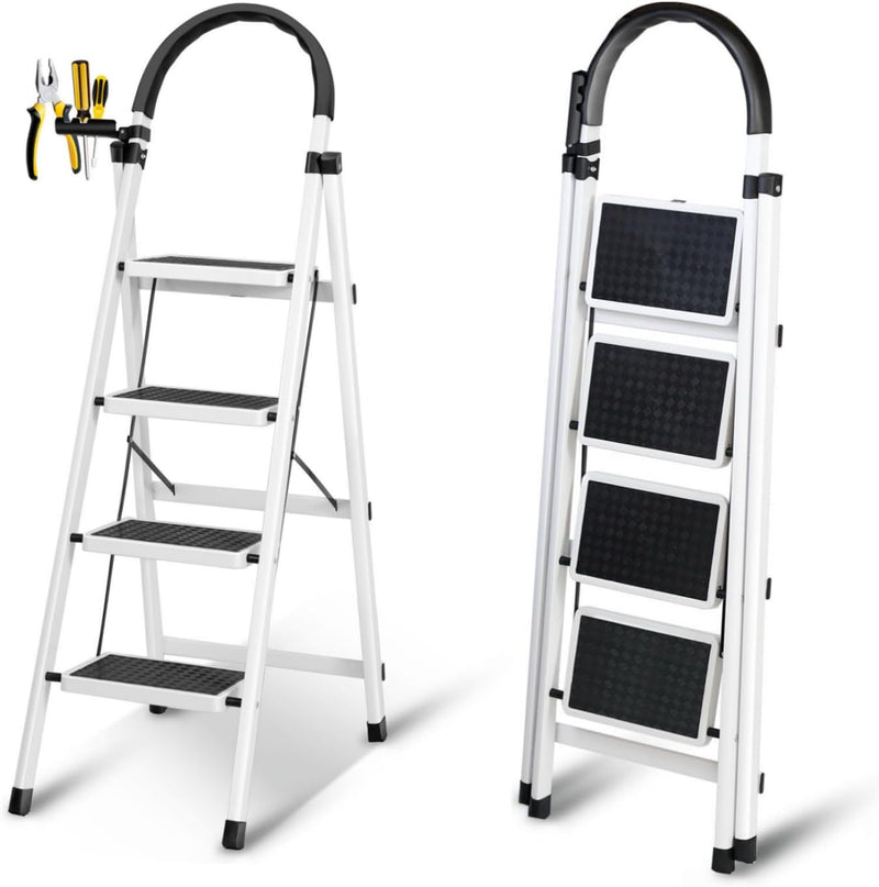 Foldable Ladder 3 Steps, Home Ladder Folding Step Stool with Wide Anti-Slip Pedal, 112 x 68 x 42.5 CM - White 4-Steps