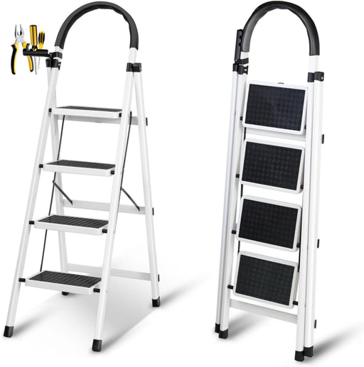 Foldable Ladder 3 Steps, Home Ladder Folding Step Stool with Wide Anti-Slip Pedal, 112 x 68 x 42.5 CM - White 4-Steps