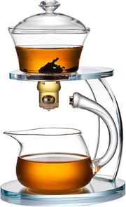 Unbreakable Glass Teapot Set, 340ml Semi-Automatic Rotating Kungfu Tea Pot with Infuser, Borosilicate Glass Drip Teapot for Home, Tea House, Restaurant, Chinese Tea Ceremony