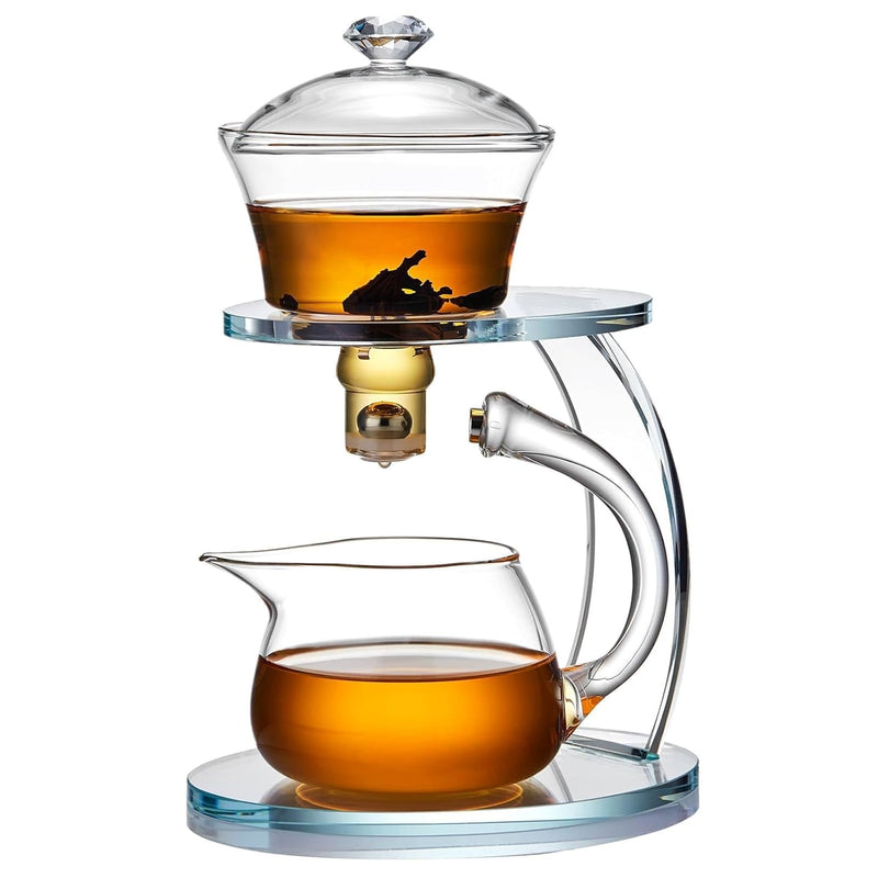 Unbreakable Glass Teapot Set, 340ml Semi-Automatic Rotating Kungfu Tea Pot with Infuser, Borosilicate Glass Drip Teapot for Home, Tea House, Restaurant, Chinese Tea Ceremony