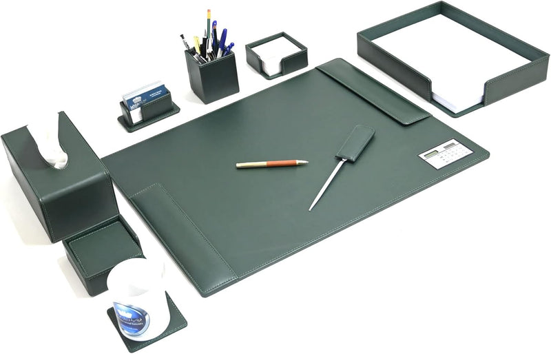 FIS Executive Desk Set with Italian PU Materials, Set of 8 Pieces Desk Organizer, Green Color, Pack in Gift Box-FSDSEX201GR